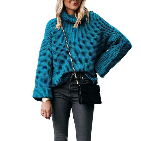 Damen Oversized Strickpullover mit hohem Kragen und strukturiertem Wabenmuster EB