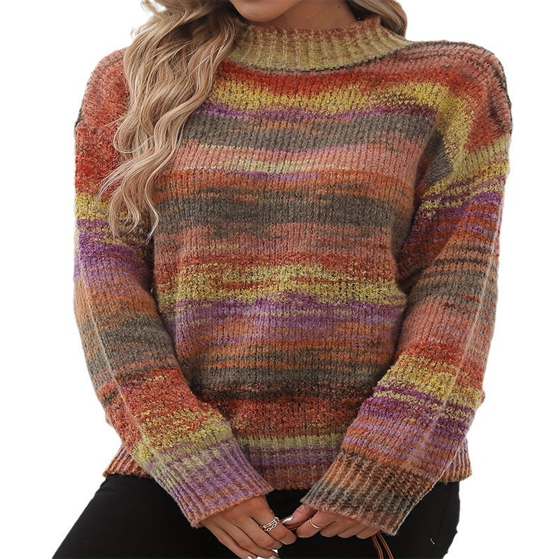 Damen Strickpullover mit buntem Wellenmuster und hohen Kragen EB