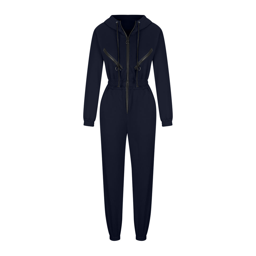 Damen taillierter Kapuzen-Jumpsuit mit elastischem Bund und markanten Kontrast-Reißverschlüssen EB