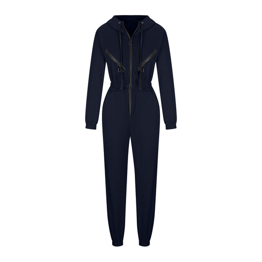 Damen taillierter Kapuzen-Jumpsuit mit elastischem Bund und markanten Kontrast-Reißverschlüssen EB