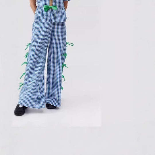 Damen Weite Karohose mit dekorativen Schnürdetails EB