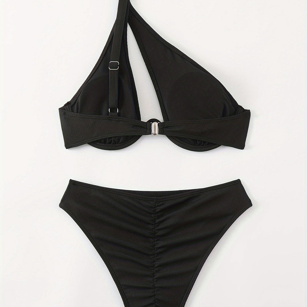 Damen Bikini-Set mit asymmetrischem Trägerdesign und unterstützendem Push-Up-Oberteil EB