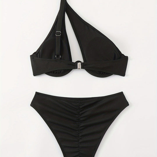 Damen Bikini-Set mit asymmetrischem Trägerdesign und unterstützendem Push-Up-Oberteil EB