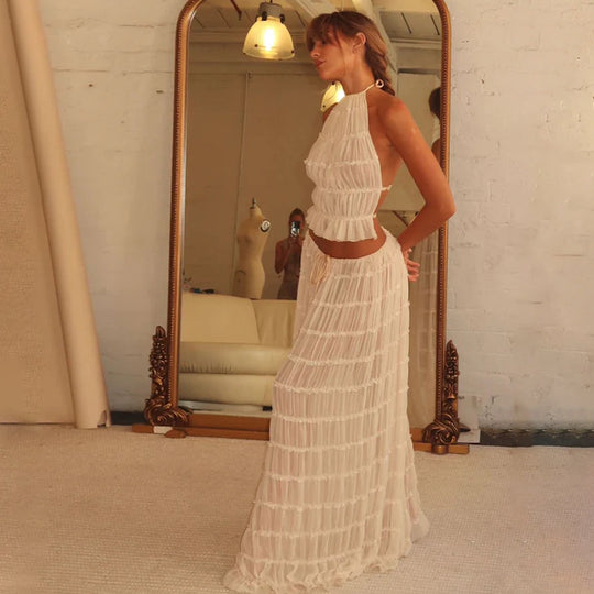 Damen luftiges Maxi-Kleid mit zarten Rüschendetails und verstellbarem Oberteil EB