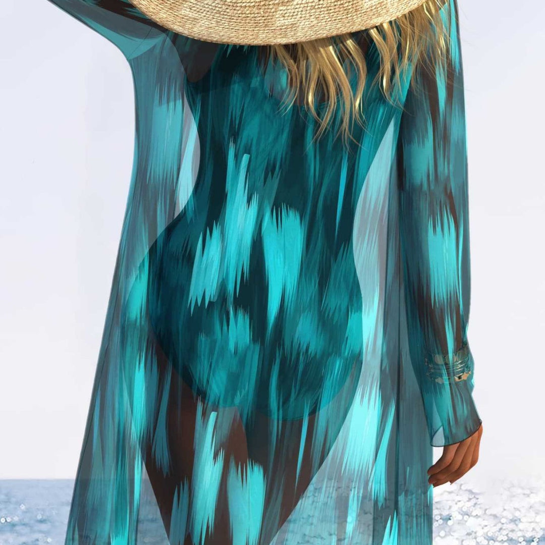 Damen Einteiliger Schwimmanzug mit transparentem Überwurf und modernem Wellenmuster EB