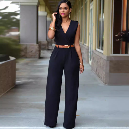Damen Eleganter Wickel-Jumpsuit mit weitem Bein und Taillengürtel EB