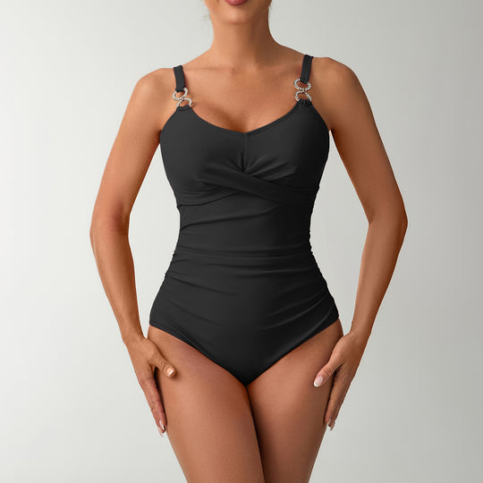 Damen Einteiler Badeanzug mit elegantem Wickeldesign und zarten Trägerdetails EB