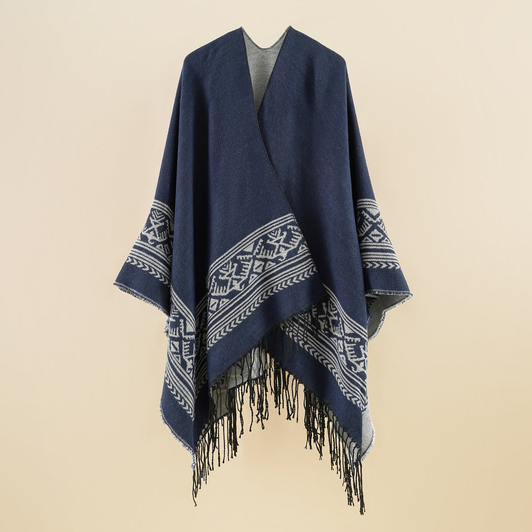 Damen Wolloptik-Überwurf im Kimono-Stil mit grafischem Bordürenjacquard und Fransensaum EB