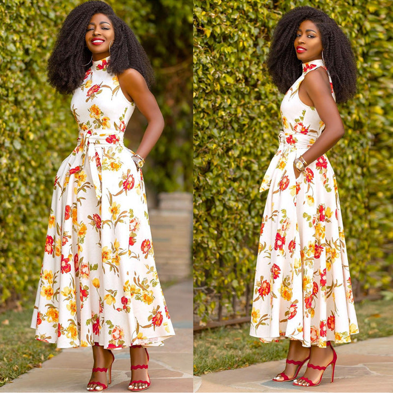 Damen Maxikleid mit floralem Design und elegantem Gürtel EB