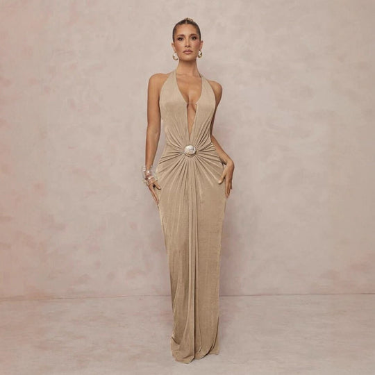 Damen Glamouröses Abendkleid mit tiefem V-Ausschnitt und eleganter Drapierung EB