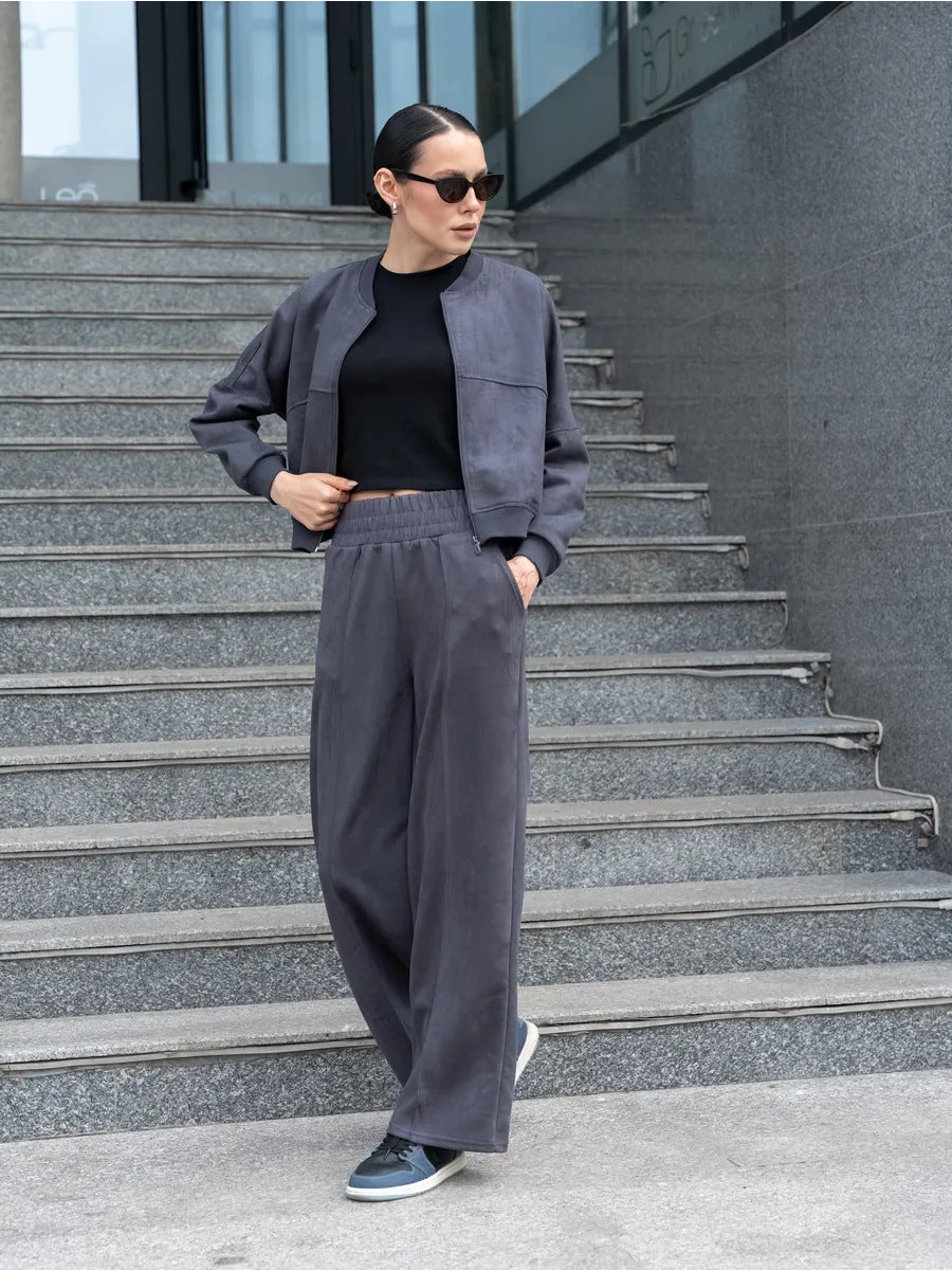 Damen Lässiges Sweatjacken- und Hose-Set mit elastischem Bund EB