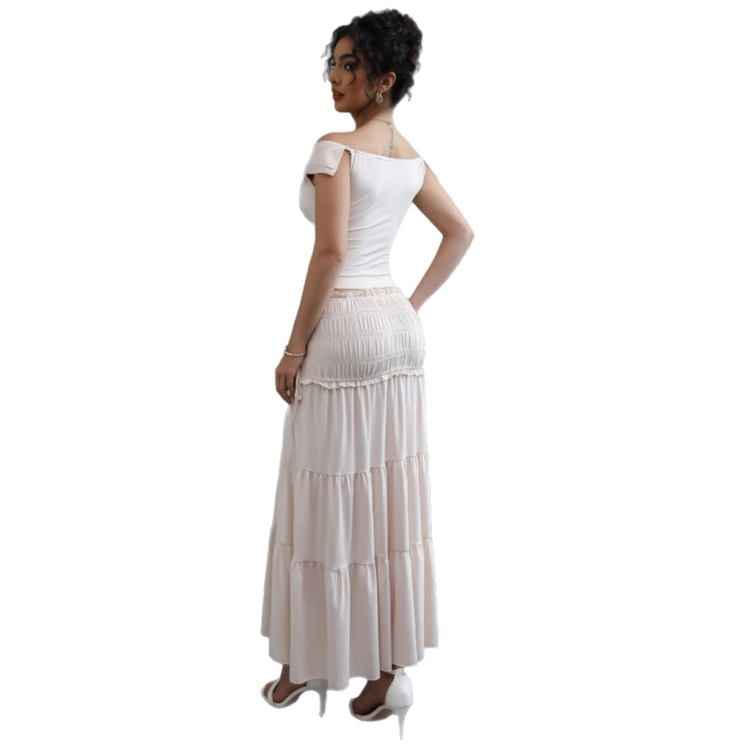 Damen Off-Shoulder Maxikleid mit gerafftem Rock und romantischem Design EB