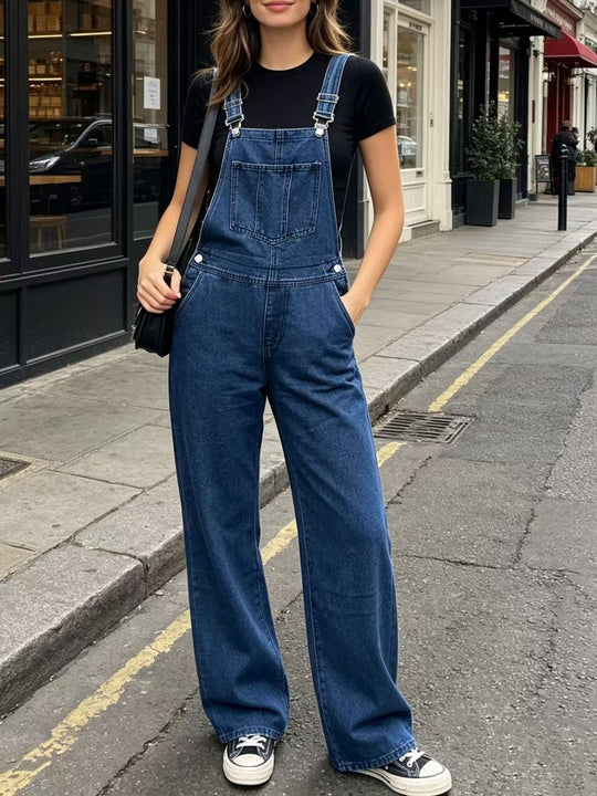 Damen nan weite Denim-Latzhose mit hoher Taille, verstellbaren Trägern und lässigem Schlag EB