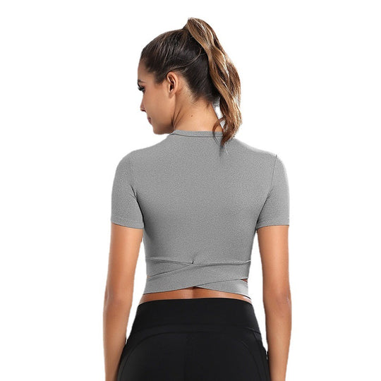 Damen kurzärmliges Trainings-Crop-Top mit innovativer Wickeloptik EB