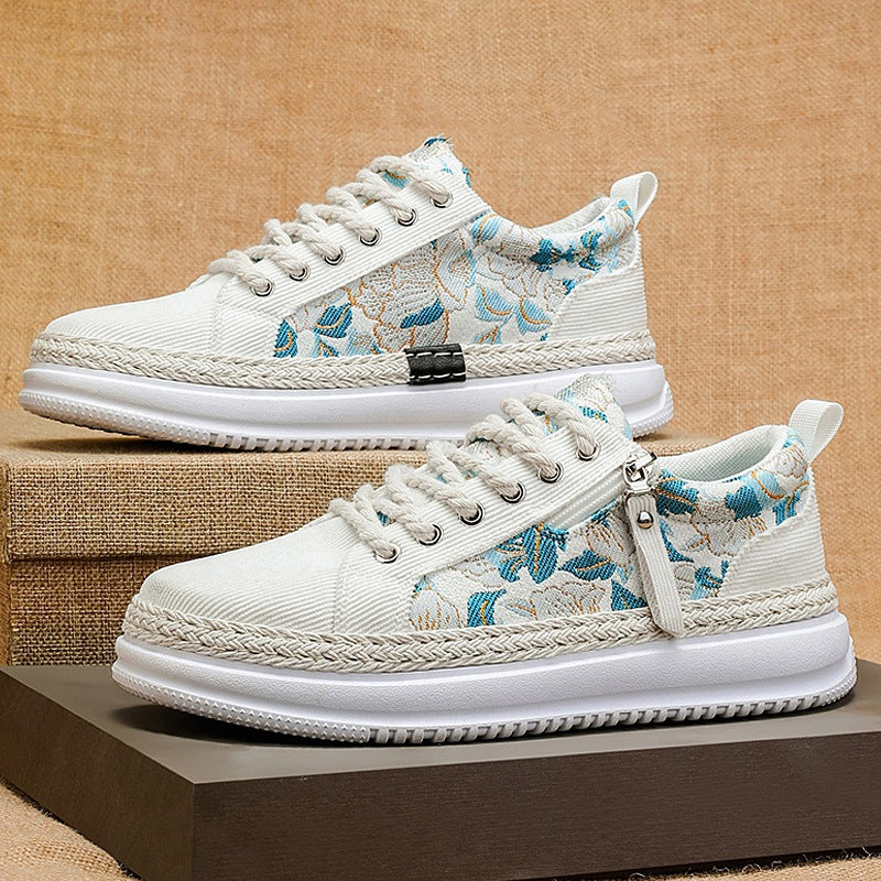 Damen gestickte Espadrille-Plateau-Sneaker mit floralem Jacquard, geflochtener Kordelsohle und gepolstertem Innenfutter EB