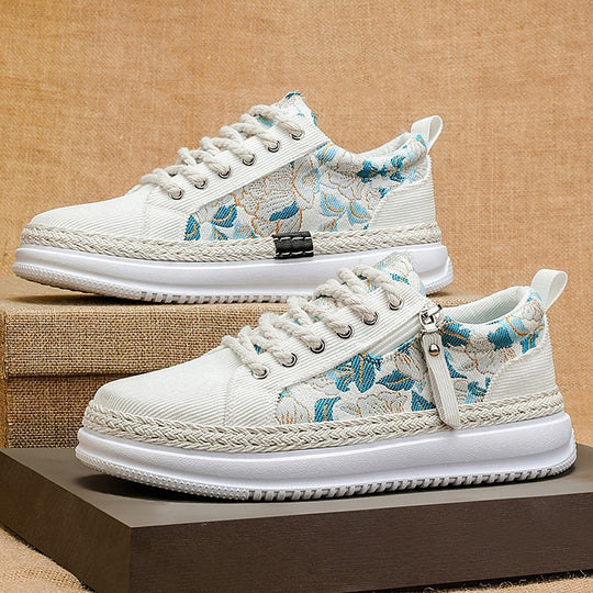 Damen gestickte Espadrille-Plateau-Sneaker mit floralem Jacquard, geflochtener Kordelsohle und gepolstertem Innenfutter EB