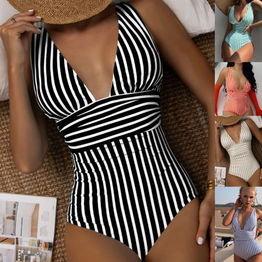 Damen Eleganter V-Ausschnitt Einteiler mit gestreiftem Design EB