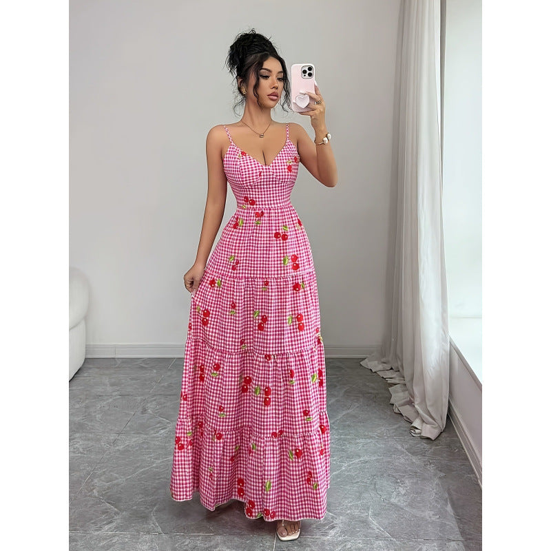 Damen Maxikleid mit floralem Karomuster und Schleifen-Trägern EB