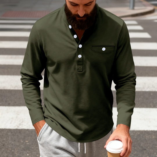 Herren nan langärmeliges Henley-Shirt mit Stehkragen, Brusttasche und dekorativer Knopfleiste EB