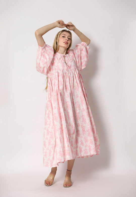 Damen Maxi-Kleid mit voluminösen Ärmeln und raffiniertem Bindungsdetail EB