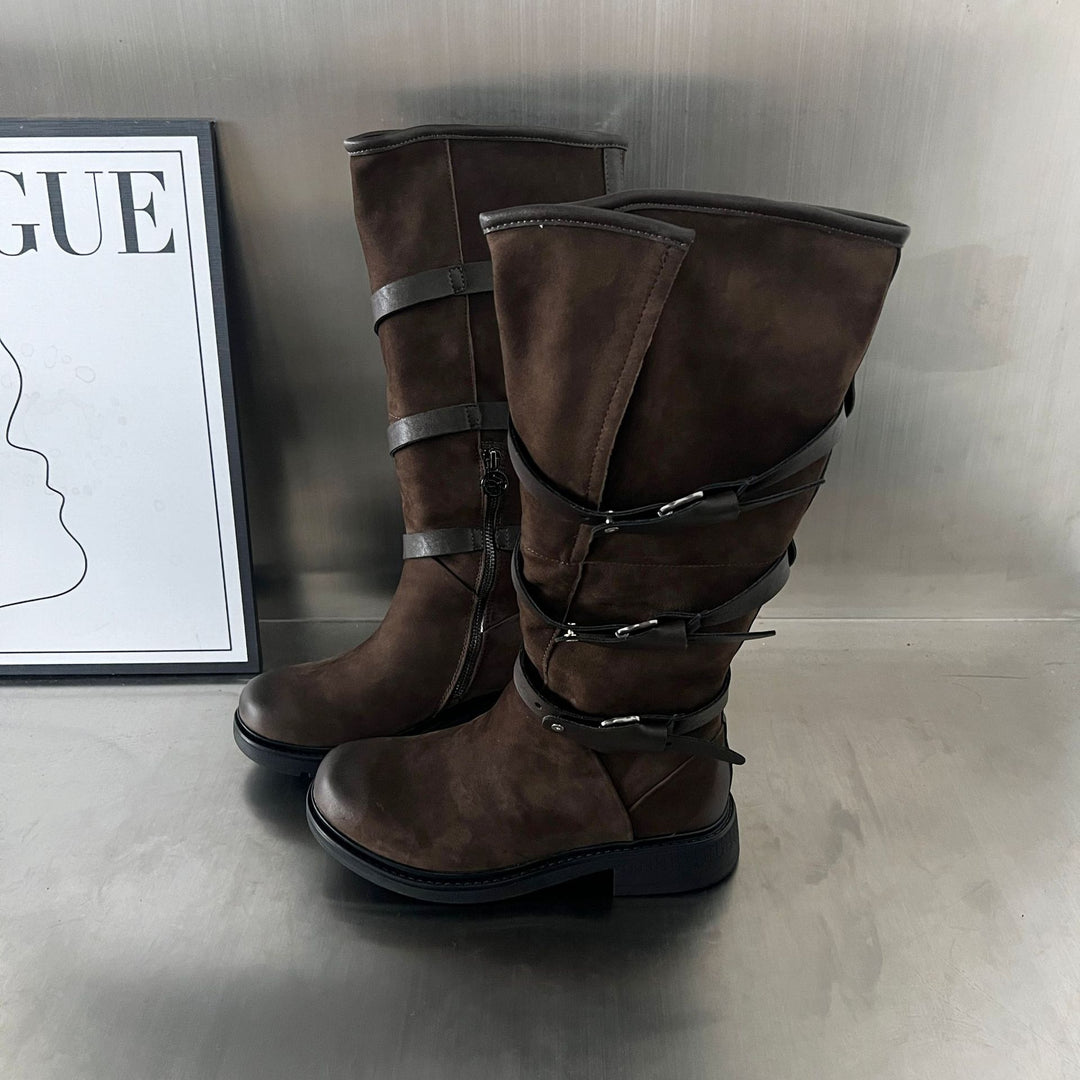 Damen Modische Stiefel mit praktischem Reißverschluss und eleganten Riemen EB