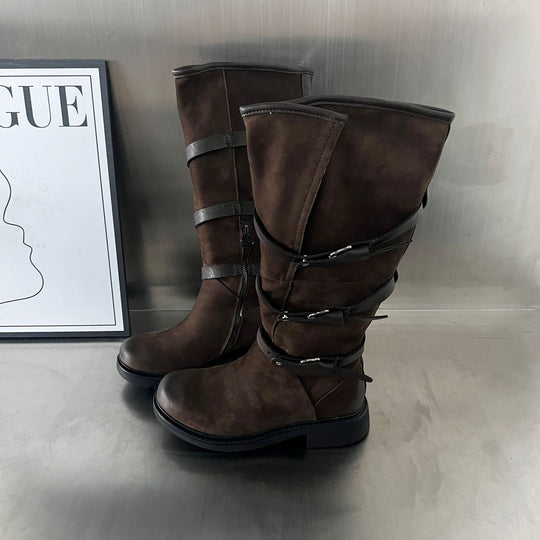 Damen Modische Stiefel mit praktischem Reißverschluss und eleganten Riemen EB