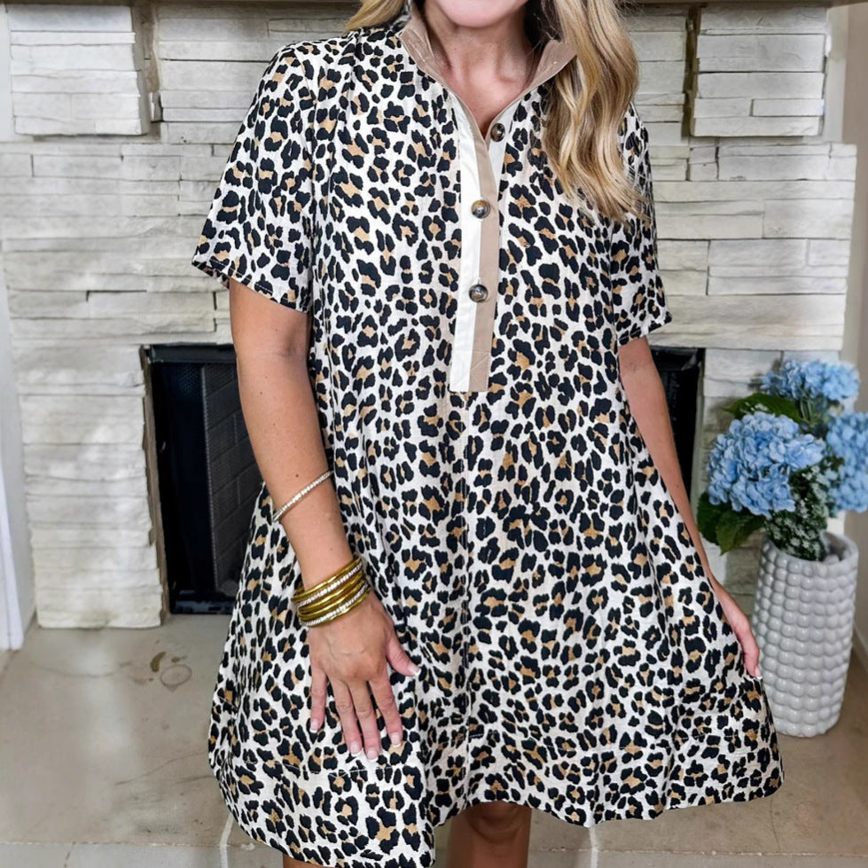 Damen Kleid mit modernem Kragen und stylischem Tierdruck EB