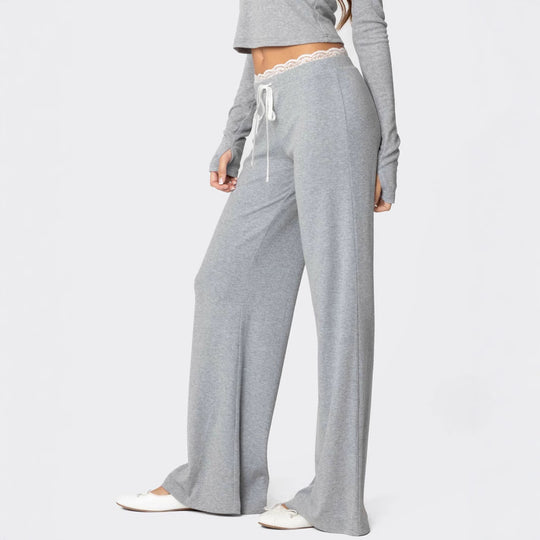 Damen Hellgraue Freizeithose mit elastischem Bund und dekorativem Spitzenabschluss EB
