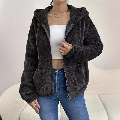 Damen kuschelige Fleecejacke mit Kapuze und seitlichen Taschen EB