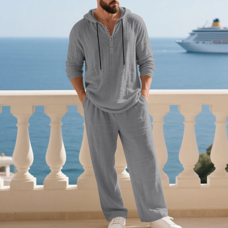 Herren nan lässiges Leinenzweiteiler-Set mit Kapuzenhemd im Henley-Stil und weiten Freizeit-Hosen EB
