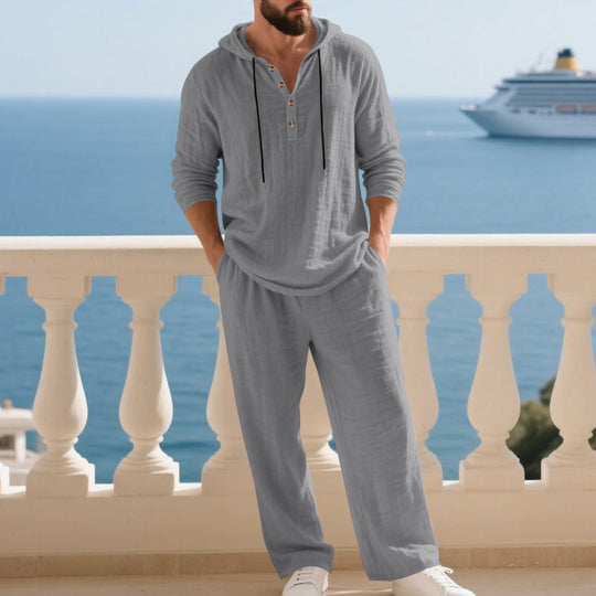 Herren nan lässiges Leinenzweiteiler-Set mit Kapuzenhemd im Henley-Stil und weiten Freizeit-Hosen EB