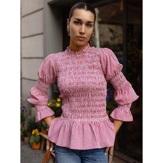 Damen elegante Bluse mit Rüschendetails und Smock-Effekt EB