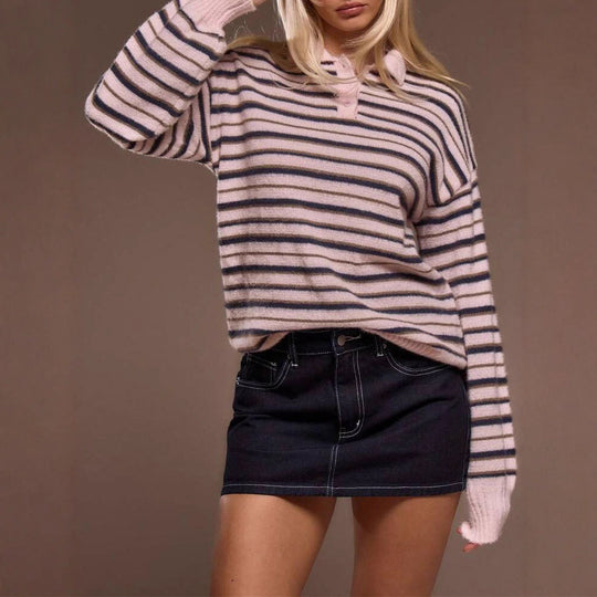Damen gestreifter Pullover mit Polokragen EB