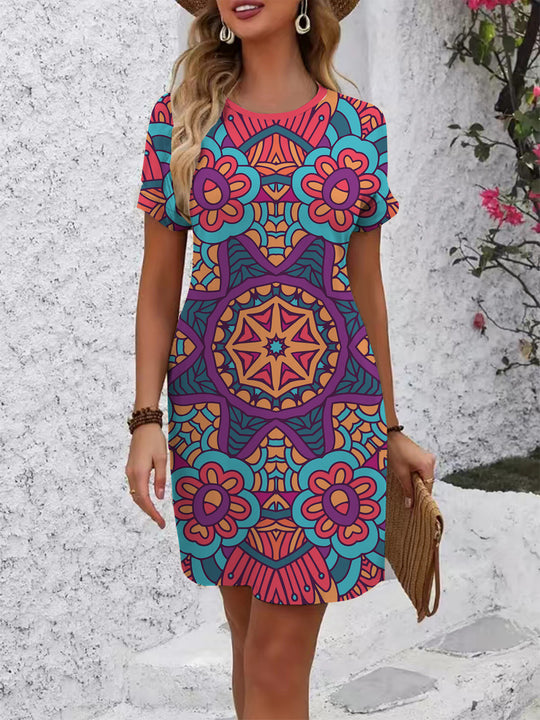 Damen farbenfrohes Mandala Kleid im lässigen Schnitt EB