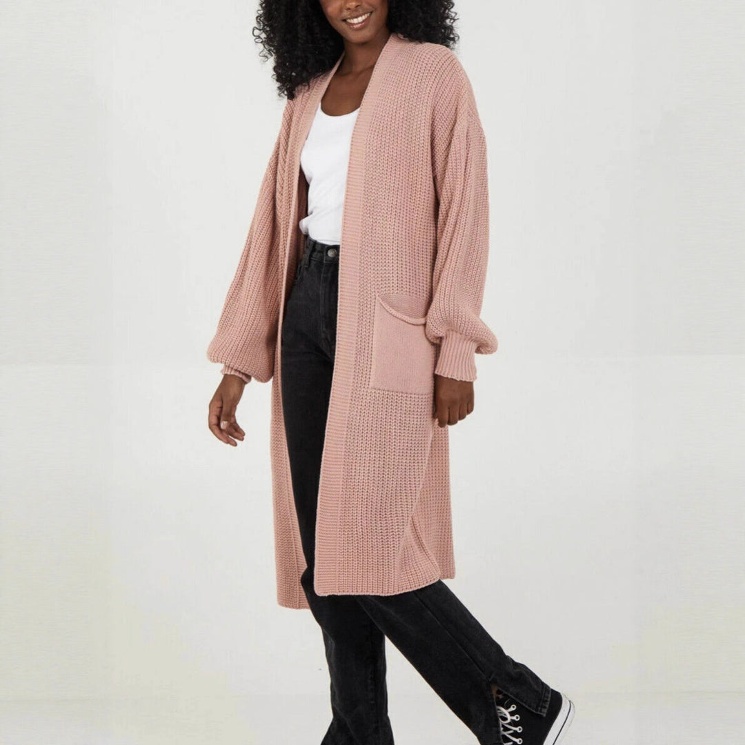 Damen Strickmantel mit voluminösen Ärmeln und offenem Schnitt EB