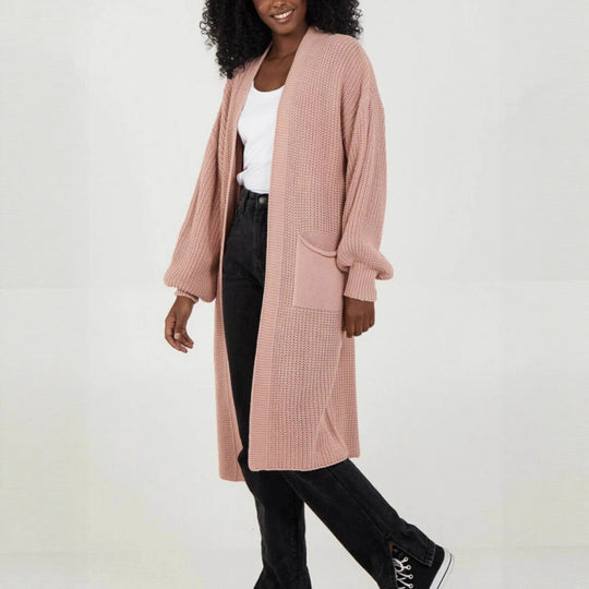 Damen Strickmantel mit voluminösen Ärmeln und offenem Schnitt EB