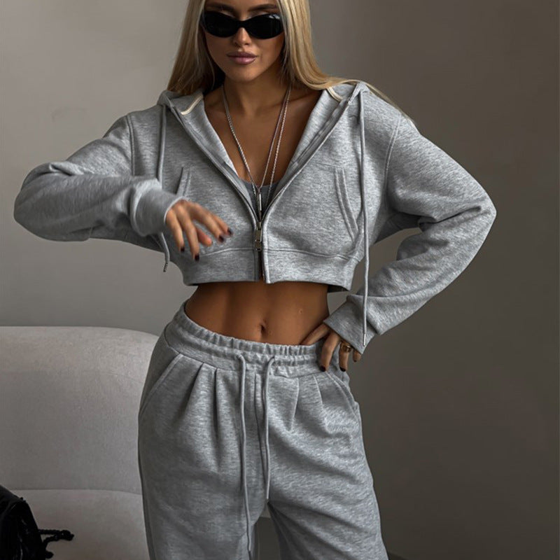 Damen cropped Reißverschluss-Kapuzenpullover mit hohem Bund Palazzo-Jogger Set EB