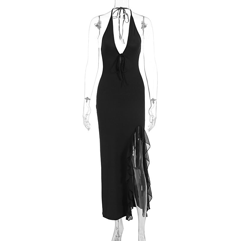 Damen Elegantes Maxikleid mit lässigem Rückenausschnitt und transparenter Rüschung EB