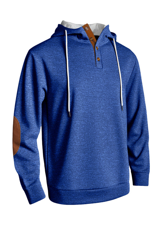 Herren nan Kapuzenpullover im puristischen Freizeitstil mit Henley-Knopfleiste, kontrastierter Kapuzeninnenseite und Ellenbogenaufnähern EB