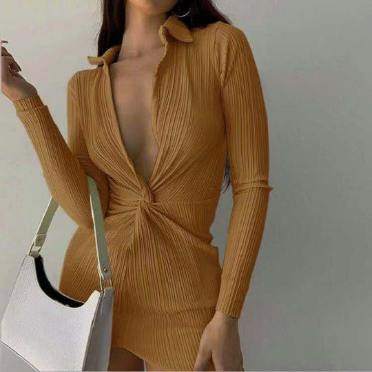 Damen Plisseekleid mit tiefem V-Ausschnitt und langen Ärmeln EB