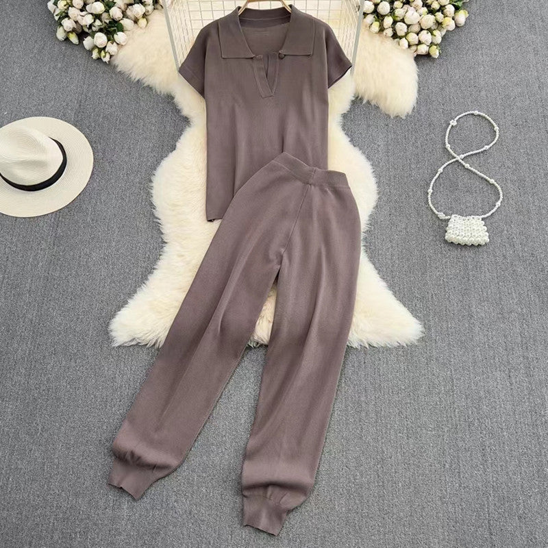 Damen elegantes Lounge-Set mit kurzärmligem Polo und weiten Hosen EB