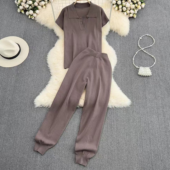 Damen elegantes Lounge-Set mit kurzärmligem Polo und weiten Hosen EB