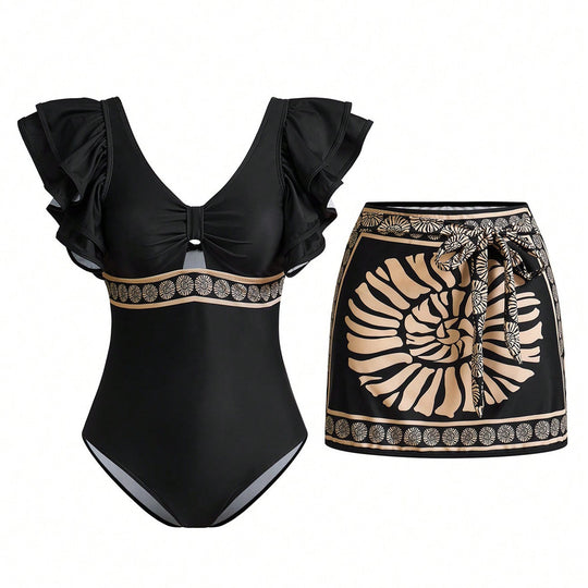 Damen Badeanzug mit eleganten Rüschendetails und passendem Saumrock EB