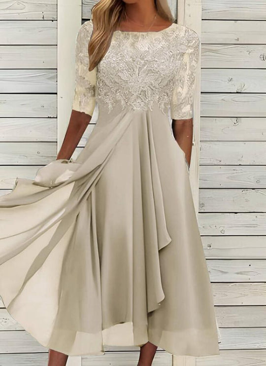 Damen nan V-Ausschnitt Chiffon-Midikleid mit besticktem Bustier, transparenten dreiviertel-Ärmeln und asymmetrischem Lagenrock EB