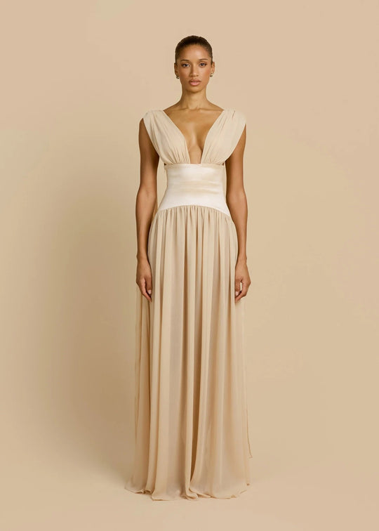 Damen Elegantes Langarm-Maxikleid mit tiefem V-Ausschnitt EB