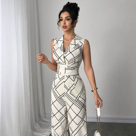 Damen Eleganter Jumpsuit mit geometrischem Muster und taillierter Passform EB