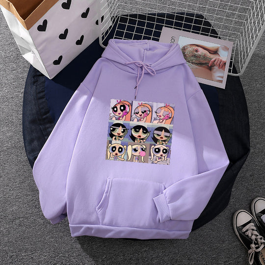 Damen nan lässiger Kapuzenpullover mit quadratischem Cartoon-Collageprint weiches Fleece Innenfutter und aufgesetzter Kängurutasche EB