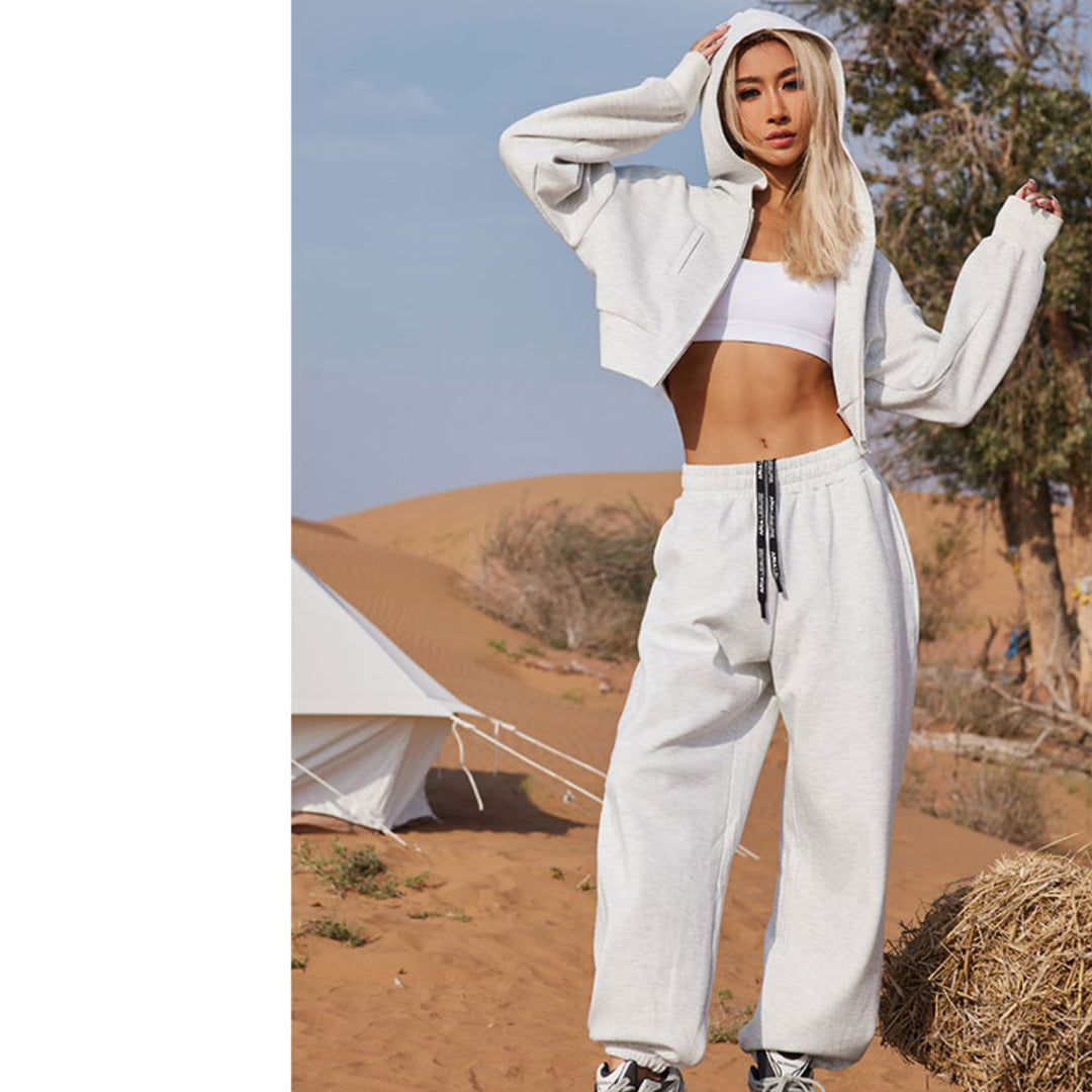 Damen Zweiteiliges Cropped Reißverschluss-Hoodie mit elastischer High-Waist Jogginghose EB