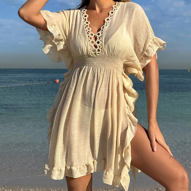 Damen luftiges Strandkleid mit Rüschendetails und vorteilhafter Schärpe EB