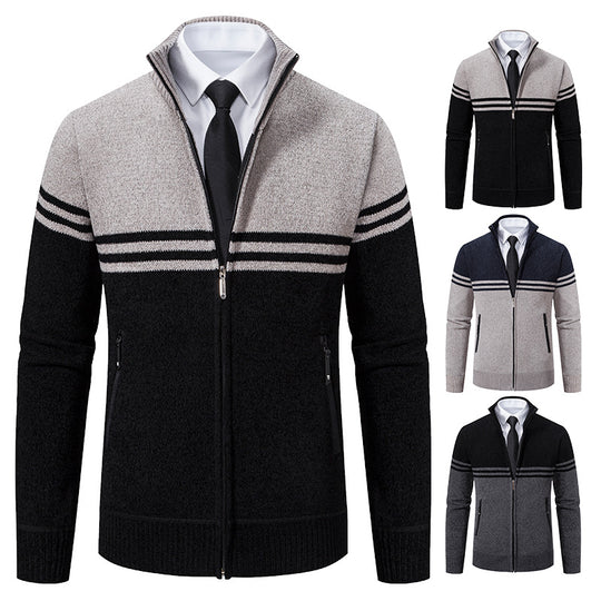 Herren sportliche und modische Strickjacke mit Reißverschluss und kontrastierenden Streifen EB